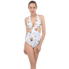 Bee Art Pattern Design Wallpaper Background Print Halter Front Plunge Swimsuit