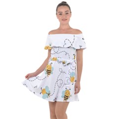 Bee Art Pattern Design Wallpaper Background Print Off Shoulder Velour Dress