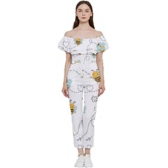 Bee Art Pattern Design Wallpaper Background Print Off Shoulder Ruffle Top Jumpsuit by Ravend