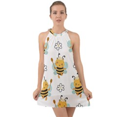 Art Bee Pattern Design Wallpaper Background Halter Tie Back Chiffon Dress