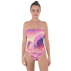 Ai Generated Waves Ocean Sea Tsunami Nautical Red Yellow Tie Back One Piece Swimsuit by Ravend
