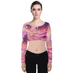 Ai Generated Waves Ocean Sea Tsunami Nautical Red Yellow Velvet Long Sleeve Crop Top