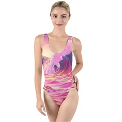 Ai Generated Waves Ocean Sea Tsunami Nautical Red Yellow High Leg Strappy Swimsuit by Ravend