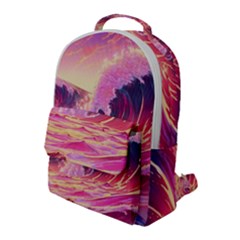 Ai Generated Waves Ocean Sea Tsunami Nautical Red Yellow Flap Pocket Backpack (large)