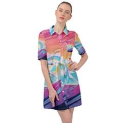 Ai Generated Waves Ocean Sea Tsunami Nautical Belted Shirt Dress by Ravend