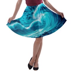 Ai Generated Waves Ocean Sea Tsunami Nautical Sea A-line Skater Skirt by Ravend