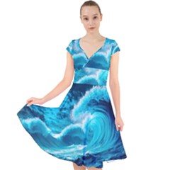 Ai Generated Waves Ocean Sea Tsunami Nautical Sea Cap Sleeve Front Wrap Midi Dress