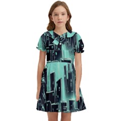 Buildings City Urban Destruction Background Kids  Bow Tie Puff Sleeve Dress