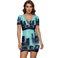 Buildings City Urban Destruction Background Low Cut Cap Sleeve Mini Dress