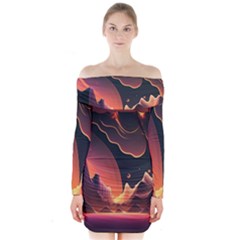 Fire Flame Burn Hot Heat Light Burning Orange Long Sleeve Off Shoulder Dress