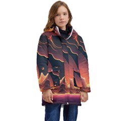 Fire Flame Burn Hot Heat Light Burning Orange Kid s Hooded Longline Puffer Jacket