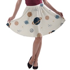 Space Planets Art Pattern Design Wallpaper A-line Skater Skirt