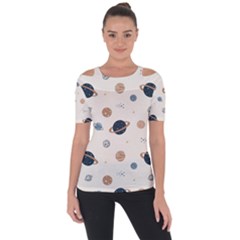 Space Planets Art Pattern Design Wallpaper Shoulder Cut Out Short Sleeve Top