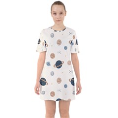 Space Planets Art Pattern Design Wallpaper Sixties Short Sleeve Mini Dress by Ravend