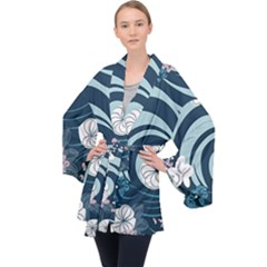 Flowers Pattern Floral Ocean Abstract Digital Art Long Sleeve Velvet Kimono 