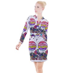 Rainbow Fun Cute Minimal Doodle Drawing Unique Button Long Sleeve Dress