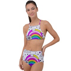 Rainbow Fun Cute Minimal Doodle Drawing Art High Waist Tankini Set by Ravend