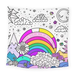 Rainbow Fun Cute Minimal Doodle Drawing Art Square Tapestry (large)