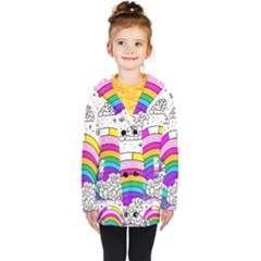 Rainbow Fun Cute Minimal Doodle Drawing Art Kids  Double Breasted Button Coat