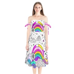 Rainbow Fun Cute Minimal Doodle Drawing Art Shoulder Tie Bardot Midi Dress