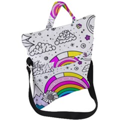 Rainbow Fun Cute Minimal Doodle Drawing Art Fold Over Handle Tote Bag by Ravend