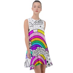 Rainbow Fun Cute Minimal Doodle Drawing Art Frill Swing Dress