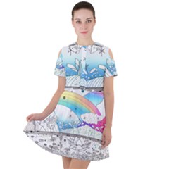 Rainbow Fun Cute Minimal Doodle Drawing Arts Short Sleeve Shoulder Cut Out Dress  by Ravend