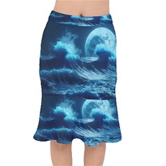 Moonlight High Tide Storm Tsunami Waves Ocean Sea Short Mermaid Skirt by Ravend