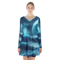 Moonlight High Tide Storm Tsunami Waves Ocean Sea Long Sleeve Velvet V-neck Dress