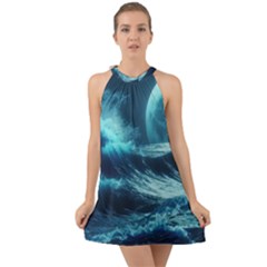 Moonlight High Tide Storm Tsunami Waves Ocean Sea Halter Tie Back Chiffon Dress