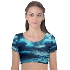 Moonlight High Tide Storm Tsunami Waves Ocean Sea Velvet Short Sleeve Crop Top  by Ravend