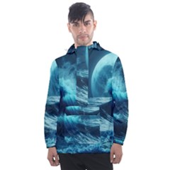 Moonlight High Tide Storm Tsunami Waves Ocean Sea Men s Front Pocket Pullover Windbreaker by Ravend