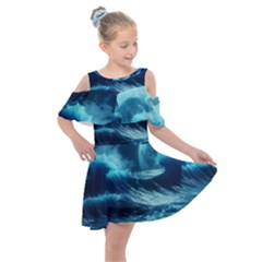 Moonlight High Tide Storm Tsunami Waves Ocean Sea Kids  Shoulder Cutout Chiffon Dress