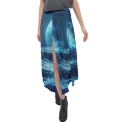 Moonlight High Tide Storm Tsunami Waves Ocean Sea Velour Split Maxi Skirt