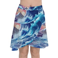 Storm Tsunami Waves Ocean Sea Nautical Nature Chiffon Wrap Front Skirt