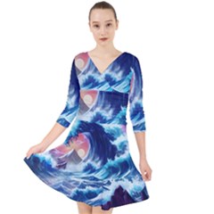 Storm Tsunami Waves Ocean Sea Nautical Nature Quarter Sleeve Front Wrap Dress by Ravend