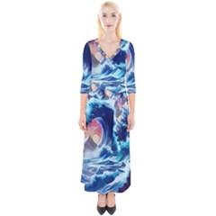 Storm Tsunami Waves Ocean Sea Nautical Nature Quarter Sleeve Wrap Maxi Dress