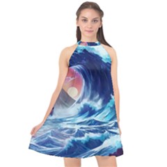 Storm Tsunami Waves Ocean Sea Nautical Nature Halter Neckline Chiffon Dress 