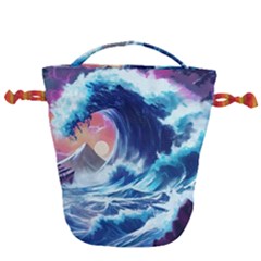 Storm Tsunami Waves Ocean Sea Nautical Nature Drawstring Bucket Bag by Ravend