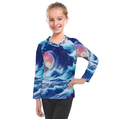 Storm Tsunami Waves Ocean Sea Nautical Nature Kids  Long Mesh Tee by Ravend