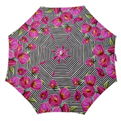 Pink Flowers Black Stripes Straight Umbrellas by GardenOfOphir
