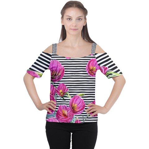 Pink Flowers Black Stripes Cutout Shoulder Tee by GardenOfOphir