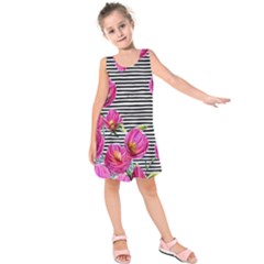 Pink Flowers Black Stripes Kids  Sleeveless Dress by GardenOfOphir