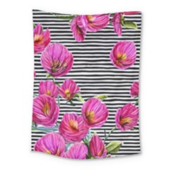 Pink Flowers Black Stripes Medium Tapestry by GardenOfOphir