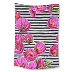 Pink Flowers Black Stripes Large Tapestry by GardenOfOphir