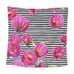 Pink Flowers Black Stripes Square Tapestry (large) by GardenOfOphir