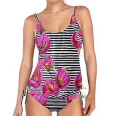 Pink Flowers Black Stripes Tankini Set by GardenOfOphir