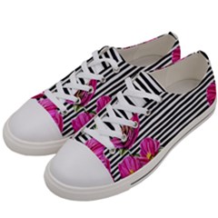 Pink Flowers Black Stripes Women s Low Top Canvas Sneakers by GardenOfOphir