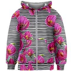 Pink Flowers Black Stripes Kids  Zipper Hoodie Without Drawstring by GardenOfOphir