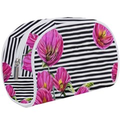 Pink Flowers Black Stripes Make Up Case (large) by GardenOfOphir